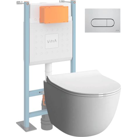 Inodoro suspendido compacto VitrA Sento blanco + Estructura autoportante V-Fix Core + Placa redonda cromado (1/4)
