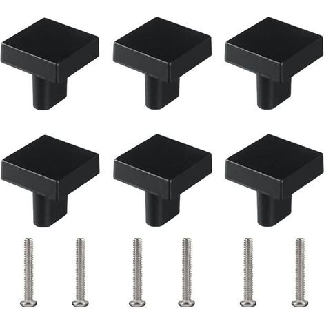 Lot de 6 boutons de tiroir carrés pour meubles - Trou unique - Petite poignée moderne - Noir - Avec vis assorties (1/5)