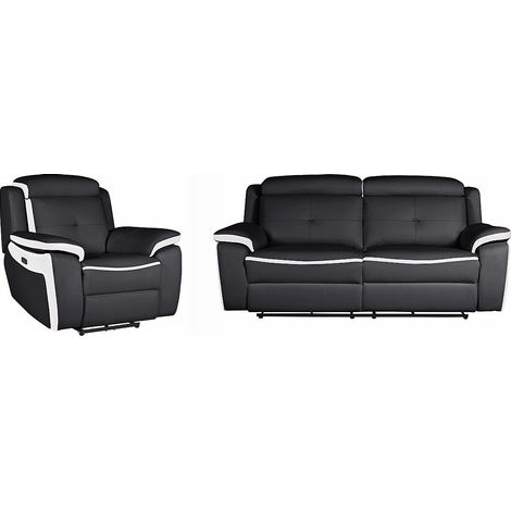 Canapé 3 places et un fauteuil relax électrique en cuir ANGELIQUE - Noir/blanc (1/4)