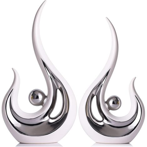 Décoration de Centre de Table Blanche et argentée, Ensemble de 2 pièces d'art Abstrait en céramique, décorations de Table pour Le Salon, Statue Moderne pour Le Support de télévision Minimaliste. (1/5)