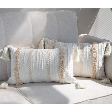 Housse de coussin bohème, lot de 1, taie d'oreiller décorative douce 30 x 50 cm, taie d'oreiller à pompons, beige (1/4)