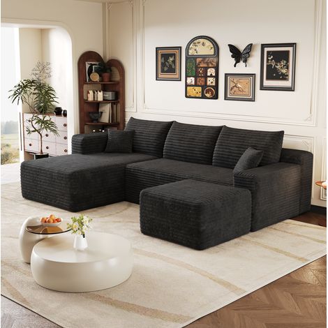 Canapé d'angle 241x151x58 cm en tissu noir, gain de place pour salon, sans montage FloraGrace (1/5)