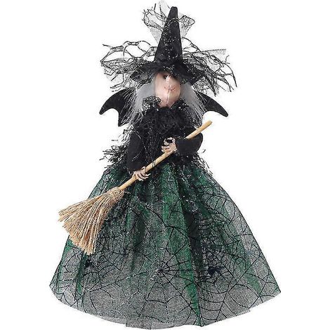 Poupée de sorcière d'Halloween, balai d'horreur, ambiance magique, décoration (1/5)