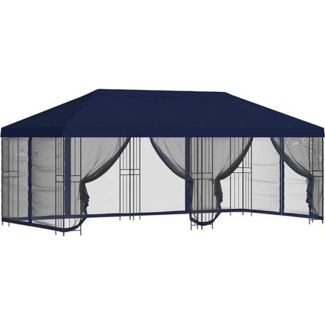 Un gazebo avec parois latérales, 6 x 3 mètres, fibre de polyester bleue et structure en acier, 190 cm. (1/5)