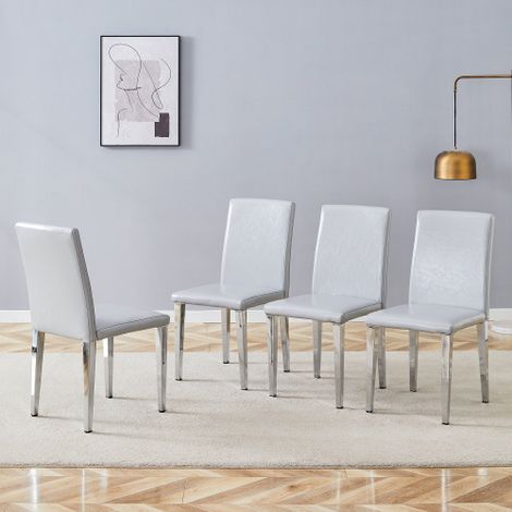 [Set di 4 sedie da pranzo minimaliste] Lusso leggero in stile europeo, nei colori grigio e argento: pelle sintetica testurizzata grigio chiaro + gambe in metallo color argento, perfette per sale da pr