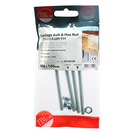 TIMCO Carriage Bolts DIN603 & Hex Full Nut DIN934 Silver - M6 x 100