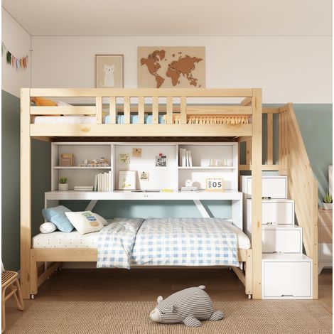 Lit superposé 90x200 et 90x190 cm en bois blanc et bois clair, avec lit inférieur sur roulettes, bureau mobile, escalier avec rangements et étagère, pour enfant - CHICFURN (1/5)