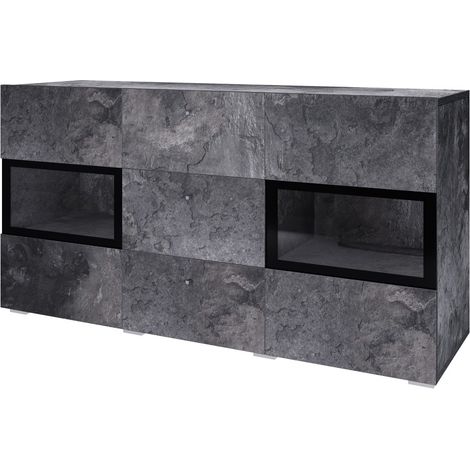 Buffet 130 cm RAMOS – Schiefergrau und Schwarz – 2 Glastüren + 3 Schubladen – Ohne LED