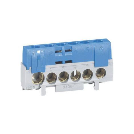 Legrand – Bornier de neutre 5 bornes 6 à 25 mm² + 1 borne 10 à 35 mm² – Capot de sécurité isolant – Installation sur rail universel