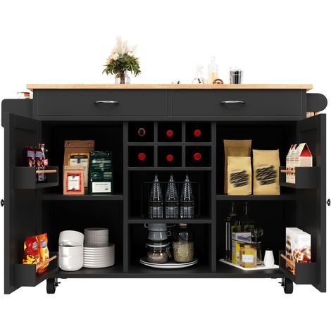 Îlot de cuisine noir sur roulettes, desserte multifonction avec rangement, plateau MDF effet bois, 102 x 45 x 92 cm (1/5)