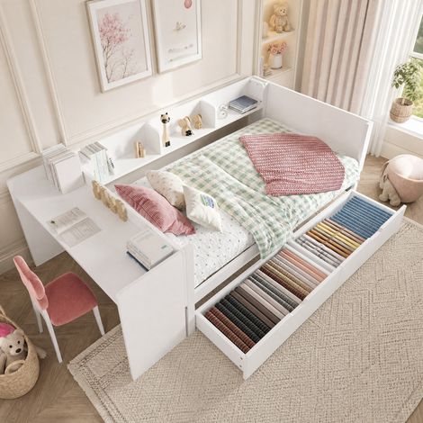 Cama infantil 90x200 cm de madera blanca con almacenaje, sin colchón FloraGrace (1/5)