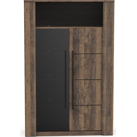 Vitrine meuble de rangement 2 portes couleur chêne foncé / noir - Largeur 114 x Profondeur 39,6 x Hauteur 175,8 cm (1/5)