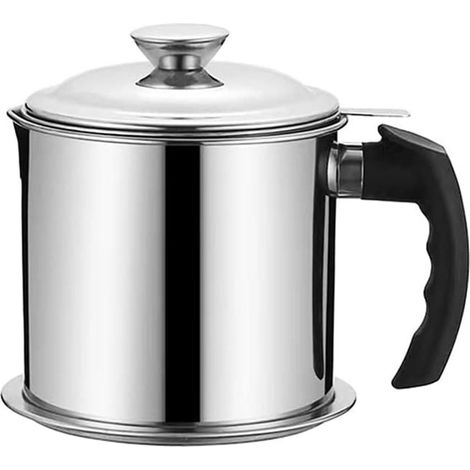 Récipient de stockage d'huile de cuisson en acier inoxydable avec couvercle et plateau, poignée ergonomique, idéal pour conserver l'huile de friture chaude. (1/5)