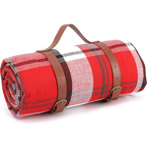 Extra große Picknickdecke, 200 cm x 200 cm, wasserdicht und faltbar, mit Tragegurten, ideal für Strand, Camping und Garten - rote Streifen.