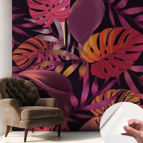 Papier peint adhésif décoratif pour salon chambre et cuisine Facile à poser avec colle Feuilles exotiques 250x250 cm (1/5)