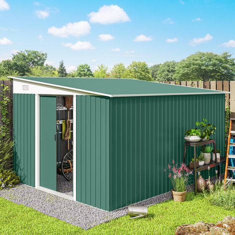 8,9 m² großer, verzinkter Stahl-Gartenschuppen mit 2 Lüftungsöffnungen, schrägem Dach, abschließbaren Doppelschiebetüren und Handschuhen, 280 x 345 x 169/201 cm, Grün