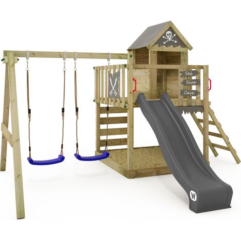 Wickey Spielturm Klettergerüst Smart Cave mit Schaukel & Rutsche, Baumhaus mit Sandkasten, Kletterleiter & Spiel-Zubehör - Anthrazit