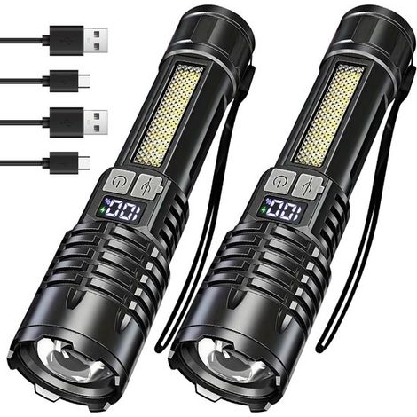 2 linternas recargables，linterna táctica LED superbrillante con pantalla LED y luz COB，5 modos ajustables，alta potencia lumínica (1/5)