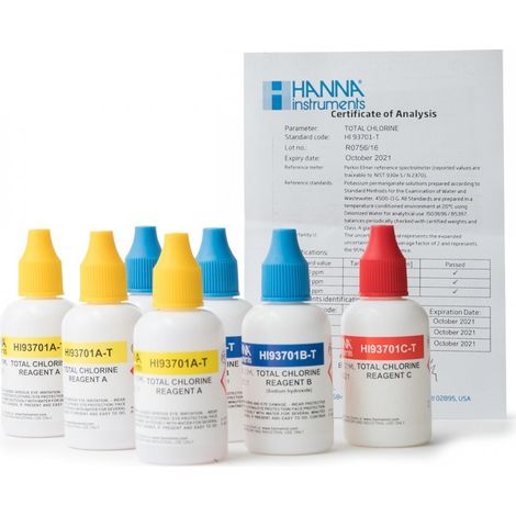 Reactivo líquido Cloro Total 0,00 a 2,50 mg/ L (5,00 mg/ L) 300 test HI93701-T