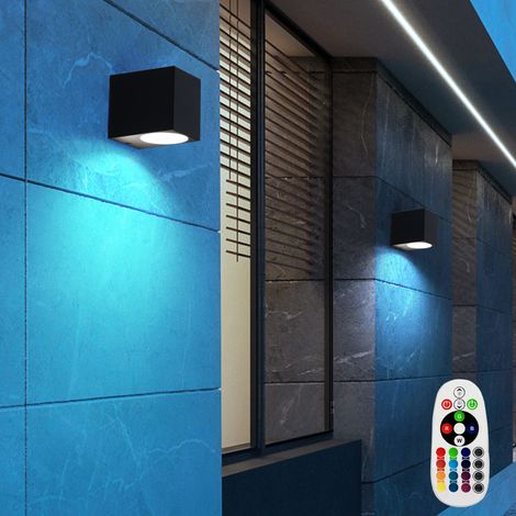 2er Set RGB LED Außen Lampen Fernbedienung ALU Down Spots dimmbar Fassaden Wand Leuchten schwarz
