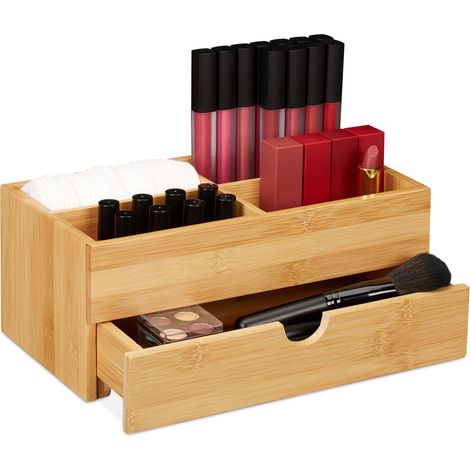 Relaxdays Bambus Kosmetik Organizer, multifunktional, 4 Fächer & Schublade, Schmuckkästchen, Ordnungsbox Büro, natur