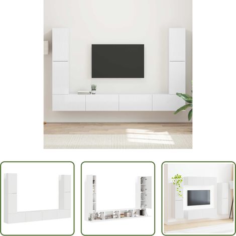 vidaXL Coin divertissement - Ensemble meuble TV 8 pcs Blanc brillant Bois d'ingénierie (1/5)