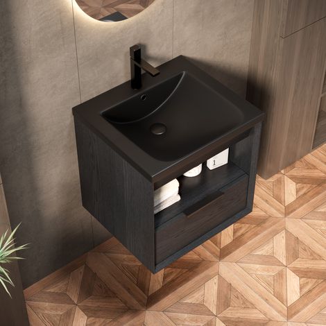 Meuble sous-vasque suspendu 51,5 cm avec lavabo en céramique noir et étagère à tiroir (1/5)