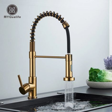 Brushed gold kitchen faucet - single handle mixer tap, deck mount, elegant hot/cold water