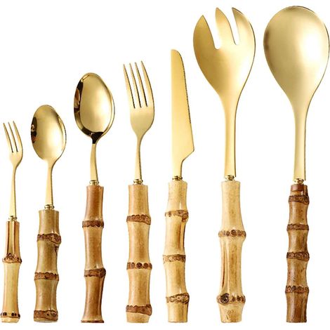 Cuillère À Dessert - Fourchette À Salade - Couteau À Steak - Cuillère À Thé - Manche En Bambou Naturel - Acier Inoxydable - Lot De 7 Pièces (1/5)