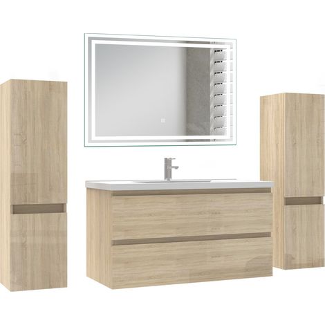 Ocean Ensemble de Meuble salle de bain 99cm avec 2 Tiroirs, miroir led + 2 colonnes 110cm, meuble Chêne Haut Brillant
