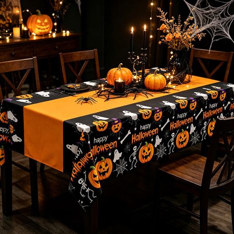 Halloween Tischdecke Schwarz 137x274 cm mit Kürbis Spinnweben und Geist Einweg Party Deko (1/5)
