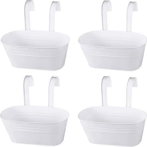 4 Pièces Pots de Fleurs Suspendus en Métal,Pots Suspendus Balcon avec Trou de Drainage, Pots Suspendus Blancs avec Crochet Amovible pour Balcon, Clôture, Jardin, Mur,Maison Décor