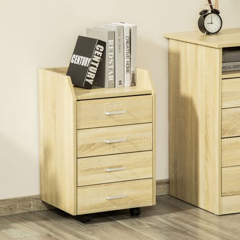 Cajonera de Oficina Mueble Auxiliar para Archivos con 4 Cajones Encimera Superior de Almacenaje 4 Ruedas y 2 Frenos para Estudio Despacho 40x36x65 cm Natural (1/5)