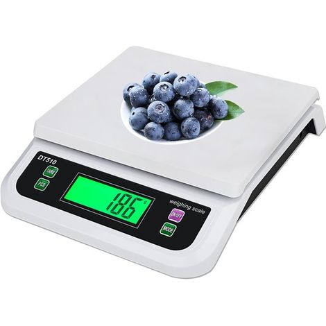 Balance de cuisine numérique - Grande balance de cuisine numérique - 30 kg / 66 lb - Boîtier étanche en plastique ABS + écran LCD rétroéclairé vert - 1 pièce - Blanche (1/5)