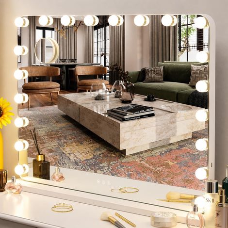 Hollywood Spiegel 80x60 cm,Schminkspiegel mit Beleuchtung, 20 LED 3 Lichtfarben, Enstellbare Helligkeit, mit USB und 10xLupe, spiegel mit Licht (1/5)