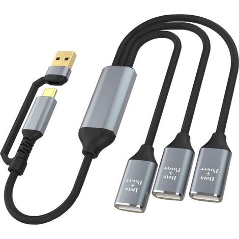 Câble répartiteur USB en Y de 30 cm, hub d'extension 2-en-1 USB A et USB C, prolongateur multiport, adaptateur de charge et de transfert de données pour Mac MacBook, voiture, Xbox, clé USB, PC (1/4)
