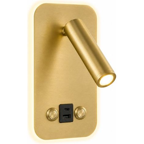 Applique murale avec liseuse – Lampe de chevet LED à intensité variable avec ports USB-A et USB-C – 8 W + 3 W – Finition cuivre – Pour chambre à coucher (1/5)