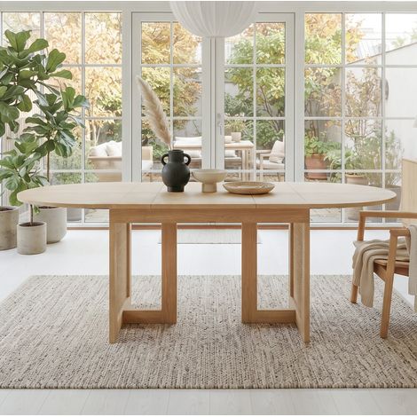 Tavolo da pranzo allungabile, bordi arrotondati, gambe effetto rattan, finitura rovere, per 6-8 persone (1/5)