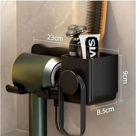 Support mural pour sèche-cheveux, étagère pour sèche-cheveux, organisateur de salle de bain sans perçage avec boîte de rangement pour peigne et câble, noir