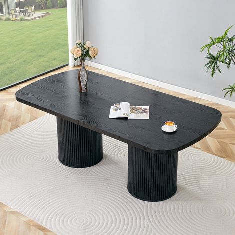 Table de salle à manger ovale moderne avec pied central cannelé, plateau en MDF de haute qualité aspect bois, de style Wabi-Sabi et Mid-Century pour la cuisine. (1/5)