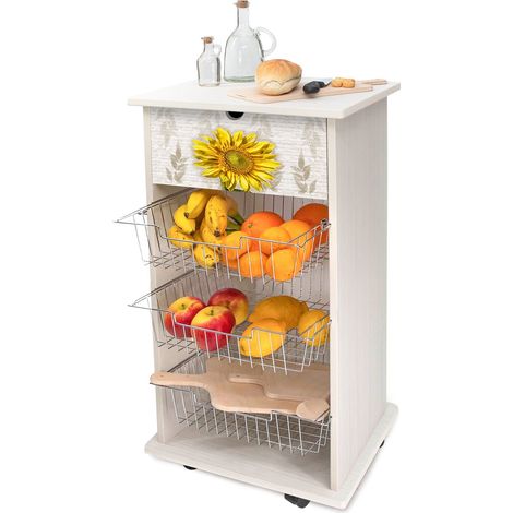 Lupia - Carrello Cucina Multifunzione SHABBY GIRASOLE, Portafrutta Ruote Piroettanti, Piano di Appoggio, tre Cestelli Estraibili in Acciaio, Legno 40X45H85 cm montato (1/4)