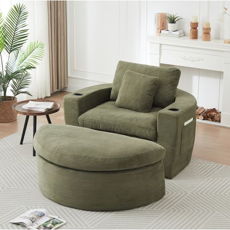Grüner Cord-Loungesessel mit Fußhocker und Seitentaschen fürs Wohnzimmer – MEUBLIV (1/5)