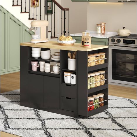 Îlot de cuisine extensible 115 cm avec 2 tiroirs et 3 étagères, MDF noir effet bois, OKWISH (1/5)