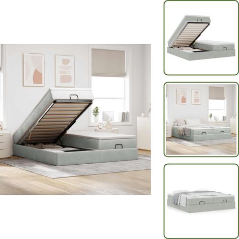 Stauraum - vidaXL Ottoman-Bett mit Matratzen Hellgrau 180x200 cm Samt - Hydraulischer Heber (1/5)