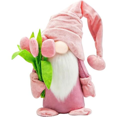 Decorazione primaverile con tulipani, gnomo da giardino con mazzo di tulipani, decorazione primaverile rosa (1/5)