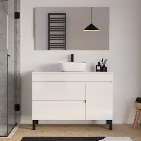 Meuble de salle de bain 120cm avec plateau et vasque à poser arrondie - porte et tiroirs - blanc brillant - LAZARO (1/5)