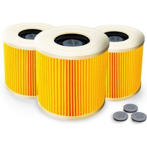 Lot de 3 filtres à cartouche + 3 vis de fermeture supplémentaires - Pour aspirateur Kärcher WD3 Premium WD2 WD3 WD 3 MV3 WD 3 P - Kit d'extension remplace 6.414-552.0, 6.414-772.0