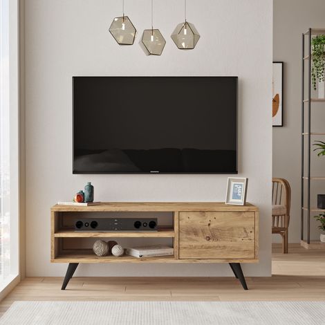 Cotecosy – Meuble TV 100% mélaminé pin atlantique – Dimensions 110x44x40cm – Épaisseur 18mm – Pieds en bois pour stabilité (1/10)