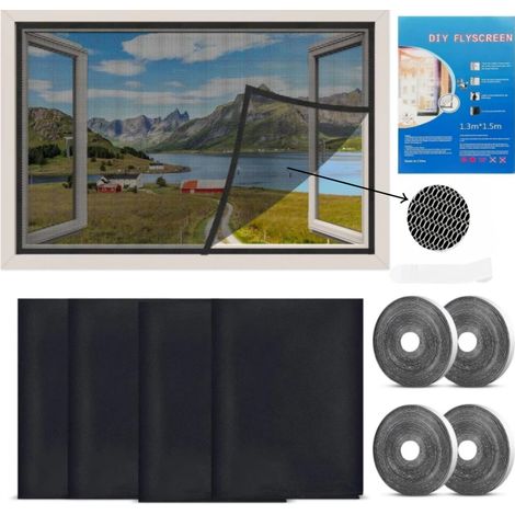Moustiquaire cryptée à monter soi-même pour fenêtres, 4 pièces, avec Velcro, matériau polyester, moustiquaire auto-adhésive, 130 x 150 cm, noire. (1/5)