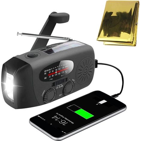 Filiyano – lampe torche LED et – Radio de route avec cellules solaires, lampe torche LED et batterie externe 2000 mA SOS, lot de 2, noir, radio à (1/5)